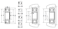 Cylindrical Roller Bearing - Non-Separable, Inner Ring w/ Two Ribs, Outer Ring w/ One Rib, Retaining Ring - Dimensions