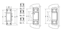 Cylindrical Roller Bearing - Separable, Plain Inner Ring, Outer Ring w/ Two Retaining Rings - Dimensions