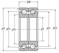 Duplex Angular Contact Thrust Ball Bearing for Ball Screws - Back to Back Arrangement, Open Type, One Row Bears Axial Load - Dimensions