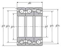 Triple-Row Angular Contact Thrust Ball Bearing for Ball Screws - DBT Arrangement, Open Type, Two Rows Bear Axial Load - Dimensions