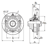 Four Bolt Round Flange Unit, Cast Housing, Adapter, Cast Dust Cover, Open End, UKFC Type - Dimensions