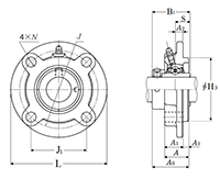 Four Bolt Round Flange Unit, Cast Housing, Eccentric Locking Collar, UELFC Type - Dimensions