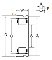 Outer Ring w/ Cage & Rollers,Two Retaining Rings & Snap Ring Groove in Outer Ring O.D. - Dimensions