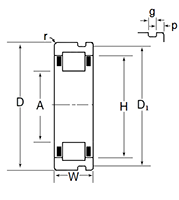 Outer Ring w/ Cage & Rollers,Two Ribs & Snap Ring Groove in Outer Ring O.D. - Dimensions